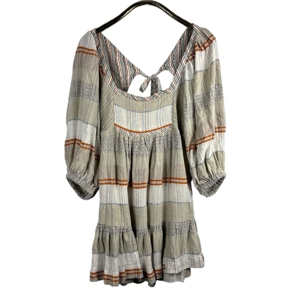 FREE PEOPLE COSY STRIPED COTTON BOHO 3/4 BALLOON SLEEVE MINI DRESS - Picture 4 of 12